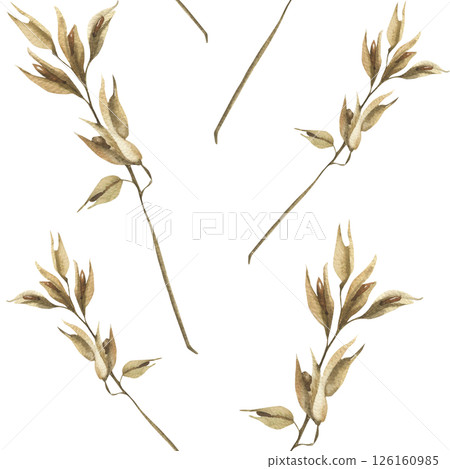 Oat stems watercolor seamless pattern. Hand drawn cereal background with bread and vegan milk ingredient clipart for product packing,textile, fabric design 126160985