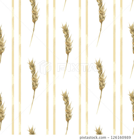 Cereal watercolor seamless pattern with wheat dry stems in repeated striped background.Hand drawn field floral illustration, rustic style home textile, fabric design, kitchen wallpaper, eco product 126160989