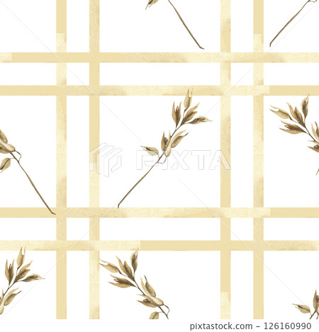 Striped beige seamless pattern with pastel lines and oat spikes watercolor illustration. Hand drawn field wheat stems in geometric repeated background for eco vegan product packing,fabric design 126160990