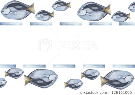 Deep sea watercolor banner with blue aquarium decorative fish illustration. Hand drawn ocean creatures frame, marine and nautical clipart for card,poster,invitation design Deep sea watercolor banner with blue aquarium decorative fish illustration. Hand drawn ocean creatures frame, marine and nautical clipart for card,poster,invitation design 126161000
