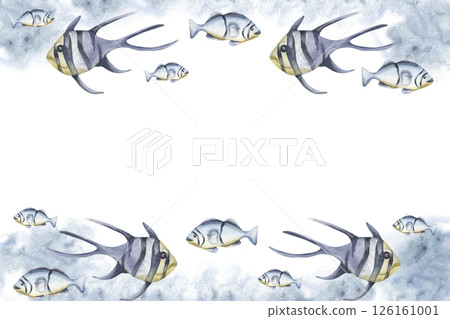 Undersea life watercolor frame template with aquarium blue and striped fish on abstract splash illustration. Hand drawn marine banner with swimming creatures for poster,card,wallpaper design 126161001