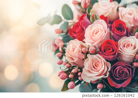Beautiful bouquet of pink and red roses with delicate buds against a soft blurred background 126161042
