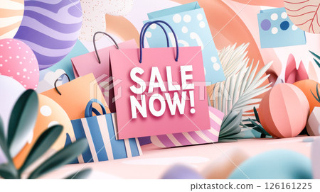 Colorful shopping bags with sale sign surrounded by decorative elements in a vibrant setting 126161225