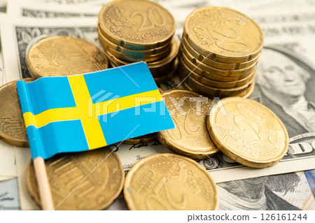 Sweden flag on coin and banknote money, finance trading investment business currency. 126161244