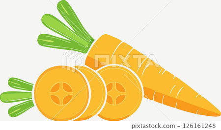 A cheerful flat style illustration of a whole carrot with green leaves and several orange carrot slices on a white background. Fun and bright design for food themes. 126161248