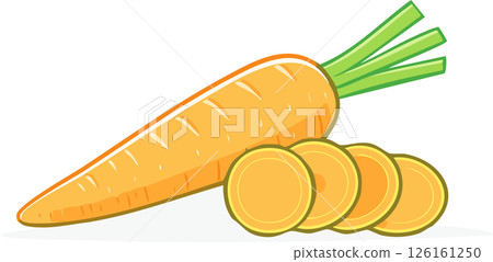 Artistic flat design of sliced carrot with green leaves, ideal for food packaging, posters, and health content with a modern touch. Artistic flat design of sliced carrot with green leaves, ideal for food packaging, posters, and health content with a modern touch. 126161250