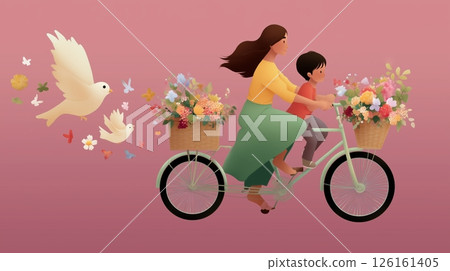 Mother and child riding bike surrounded by flowers and birds in a vibrant, colorful setting 126161405