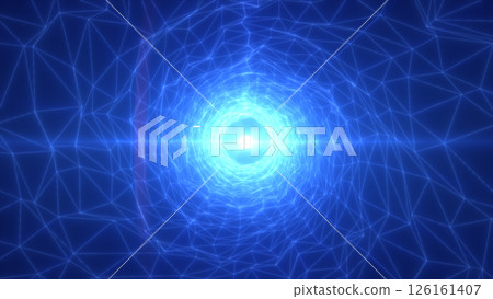 Abstract glowing digital tunnel with blue polygonal grid converging toward a bright center, symbolizing data flow and high technology 126161407
