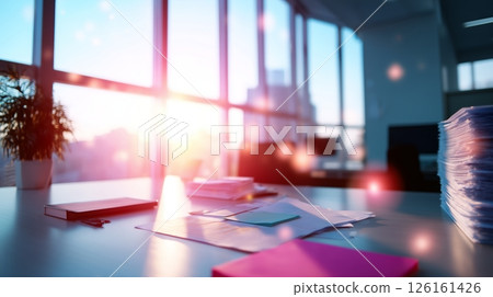 Bright morning light reflects off surface in a modern office filled with paperwork and plants Bright morning light reflects off surface in a modern office filled with paperwork and plants 126161426