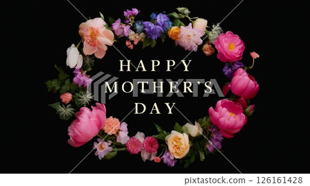 Celebration of Mother's Day with a floral wreath featuring vibrant flowers and heartfelt greetings Celebration of Mother's Day with a floral wreath featuring vibrant flowers and heartfelt greetings 126161428
