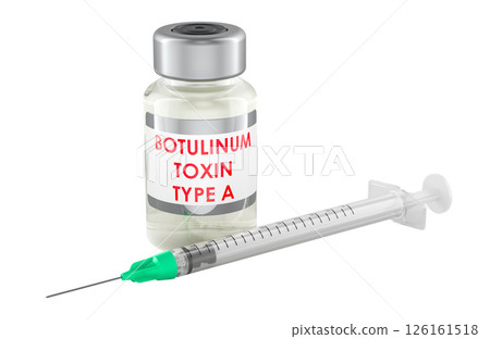 Botulinum Toxin Type A injection, concept. Ampoule, vial with syringe. 3D rendering 126161518