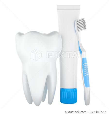 Tooth with toothpaste tube and toothbrush. 3D rendering 126161533