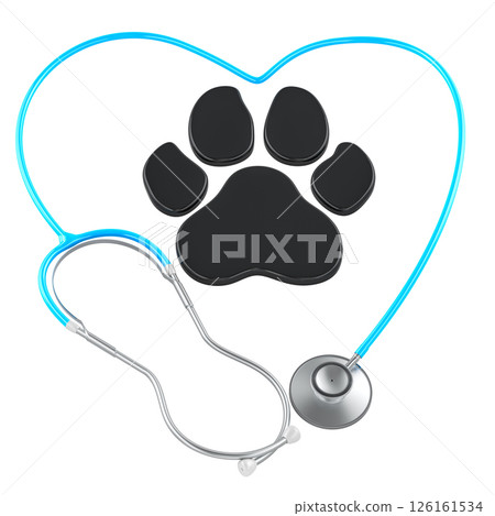 Veterinary care, concept. Stethoscope with silhouette of animal paw print. 3D rendering 126161534