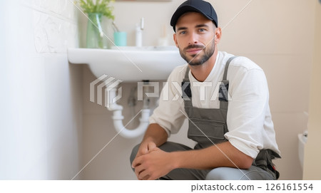 Skilled plumber inspecting a sink in a modern bathroom during daylight hours 126161554
