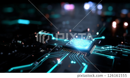 Innovative microprocessor technology demonstrating advanced circuitry in a digital environment with illumination effects 126161555
