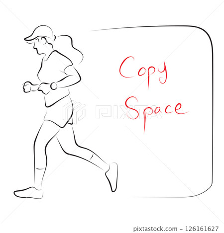 running woman with sport cap side view illustration vector hand drawn with black lines isolated on white background. 126161627
