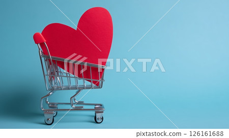 Shopping cart filled with a large heart on a blue background symbolizes love and consumerism in modern society 126161688