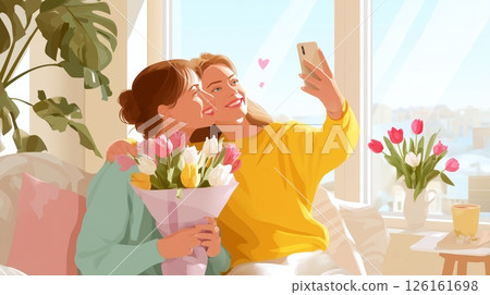Friends celebrate their bond and capture memories together while enjoying flowers in a sunny indoor setting 126161698