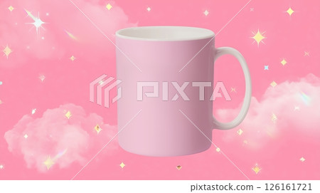 Pink ceramic mug with a simple design against a colorful background featuring clouds and sparkles 126161721