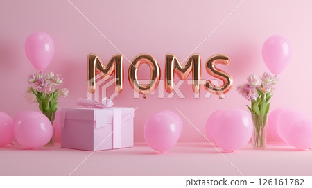 Celebration setup for Mother's Day with pink balloons, flowers, and a gift box on a pastel backdrop Celebration setup for Mother's Day with pink balloons, flowers, and a gift box on a pastel backdrop 126161782