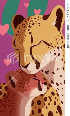 Cheetah cuddling with its cub in a vibrant background full of hearts and love 126161807