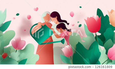 Grandmother and granddaughter gardening together while nurturing flowers in a colorful outdoor setting during springtime 126161809