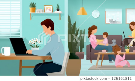 Family members engage in various activities at home in a cozy living space during the daytime 126161811