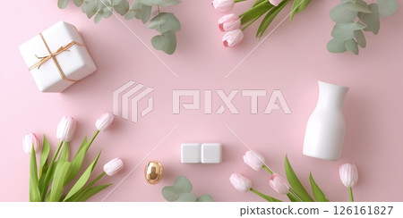 Elegant spring arrangement featuring flowers, a gift, and decorative items on a soft pink background 126161827