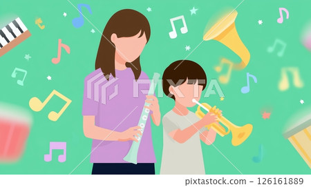 Mother and child enjoying music together while playing instruments in a colorful and lively setting 126161889