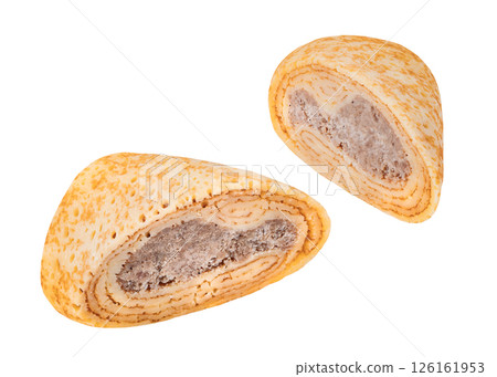 pancake with meat, sliced, semi-finished, isolated on white background with clipping path pancake with meat, sliced, semi-finished, isolated on white background with clipping path 126161953