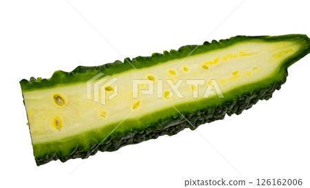 Bitter melon, cut cross section, macro photography, white background, cutout 126162006