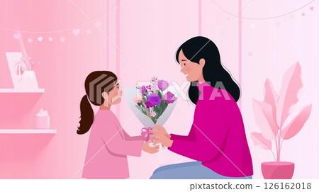 Mother and daughter joyfully exchanging a bouquet in a pink-themed room celebrating love and family bonding 126162018
