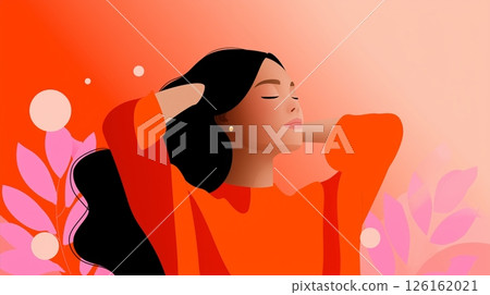 Woman enjoying a moment of peace and confidence in a vibrant setting with soft colors and abstract elements Woman enjoying a moment of peace and confidence in a vibrant setting with soft colors and abstract elements 126162021