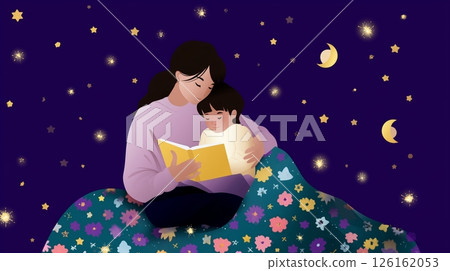 Mother reading a bedtime story to her child in a cozy, starry setting during the night Mother reading a bedtime story to her child in a cozy, starry setting during the night 126162053