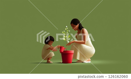 Mother and child gardening together in a lush green setting, nurturing a small plant in a red pot Mother and child gardening together in a lush green setting, nurturing a small plant in a red pot 126162060