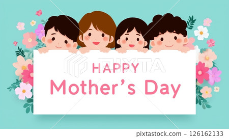 Four cheerful children hold a sign wishing happy Mother's Day surrounded by colorful flowers Four cheerful children hold a sign wishing happy Mother's Day surrounded by colorful flowers 126162133