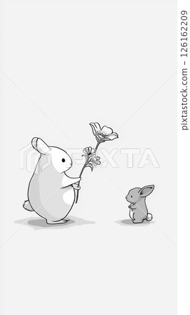 Cute rabbit gifts flower to smaller bunny in charming black and white illustration 126162209