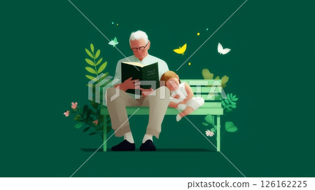 Elderly man reading a book while a young girl peacefully sleeps on his lap in a garden setting 126162225