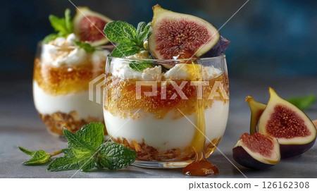 Creamy yogurt parfaits with figs, honey, and mint create delightful and refreshing dessert 126162308