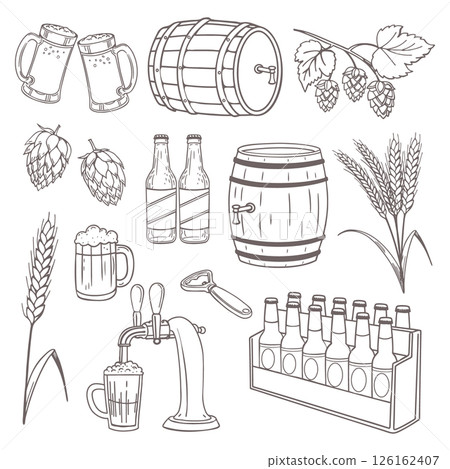 Set of beer with various brewery elements. Beer barrels, beer mugs and bottles, hops and wheat plants. Sketch illustration. 126162407