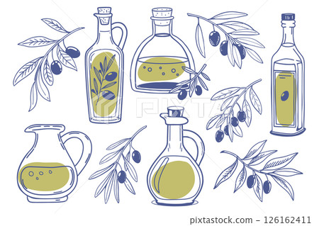 Set of olive oil bottles and olive branches. Collection of of olive oil, leaves, branches, natural products. Hand drawn sketch illustration. 126162411