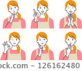 Vector illustration set of a young housewife in an apron with various expressions and poses 126162480