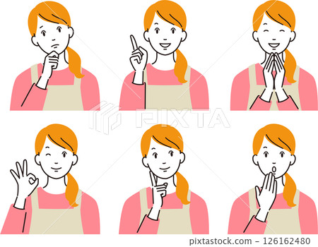 Vector illustration set of a young housewife in an apron with various expressions and poses 126162480