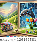 一本兒童讀物打開的一頁描繪了一輛移動花車和一隻機器海豚 126162581