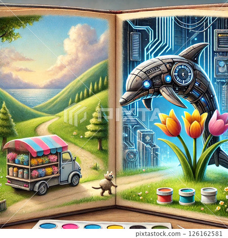 一本兒童讀物打開的一頁描繪了一輛移動花車和一隻機器海豚 126162581
