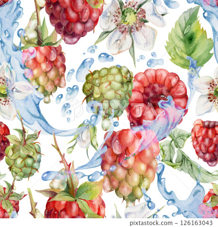 Raspberry leaves, dew drops flying in water splash, ripe summer garden forest berry loganberry hand drawn in watercolor. Isolated seamless pattern tile. Home preserves, stationery, menu, recipe book 126163043
