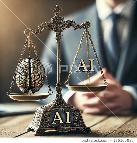 Ancient scales measure the balance between AI and the human brain under human observation. Generative AI 126163083