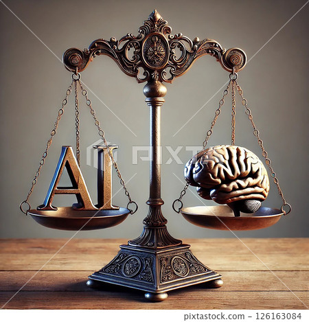 Ancient scales measure balance between AI and human brain. Generative AI Ancient scales measure balance between AI and human brain. Generative AI 126163084