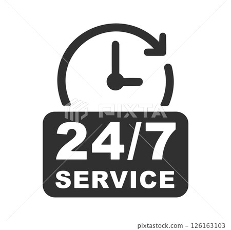 24 7 Service open 24 h hours a day and 7 days a week circle stamp icon. Shop support logo symbol sign button. Vector illustration image. Isolated on white background. 24 7 Service open 24 h hours a day and 7 days a week circle stamp icon. Shop support logo symbol sign button. Vector illustration image. Isolated on white background. 126163103