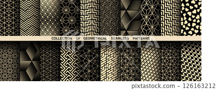 Geometric set of seamless black and golden patterns. Simple vector graphics Geometric set of seamless black and golden patterns. Simple vector graphics 126163212